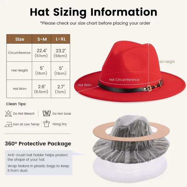Verabella Fedora for Women Winter Classic Wool Fedora Panama Hat with Belt BuckleRed