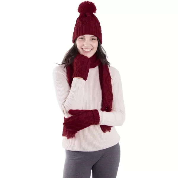 Verabella Women ampamp Mens 3 in 1 Winter Warm Knit Beanie Hat Scarf and Mittens SetBurgundy