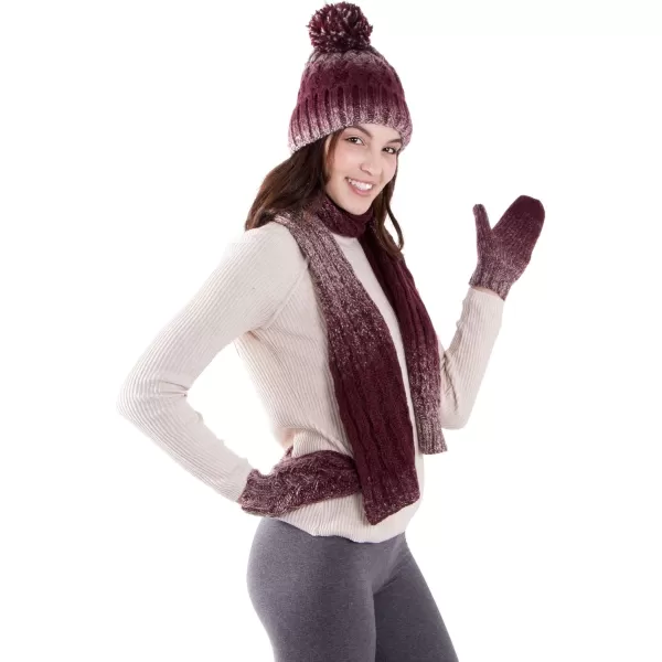 Verabella Women ampamp Mens 3 in 1 Winter Warm Knit Beanie Hat Scarf and Mittens SetBurgundyLight Grey