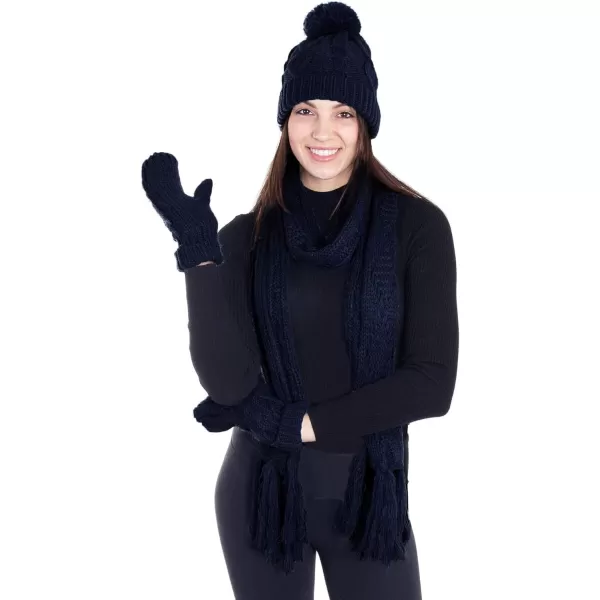 Verabella Women ampamp Mens 3 in 1 Winter Warm Knit Beanie Hat Scarf and Mittens SetNavy