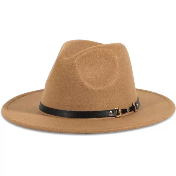 Verabella Fedora for Women Winter Classic Wool Fedora Panama Hat with Belt BuckleDark Camel