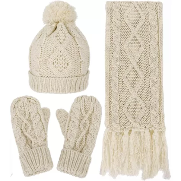 Verabella Women ampamp Mens 3 in 1 Winter Warm Knit Beanie Hat Scarf and Mittens SetBeige