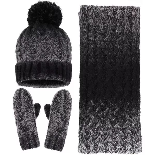 Verabella Women ampamp Mens 3 in 1 Winter Warm Knit Beanie Hat Scarf and Mittens SetBlackGrey