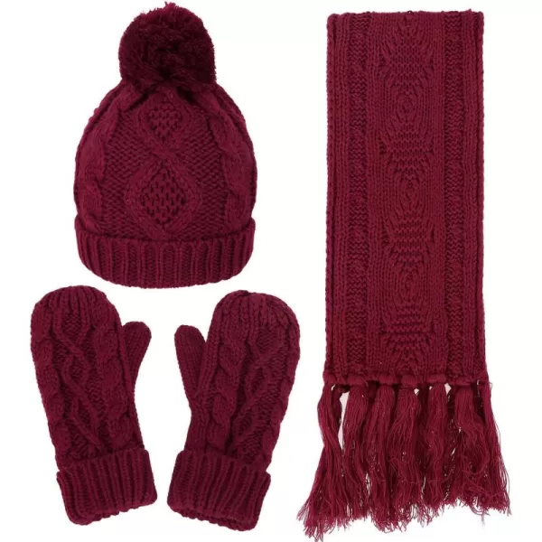 Verabella Women ampamp Mens 3 in 1 Winter Warm Knit Beanie Hat Scarf and Mittens SetBurgundy