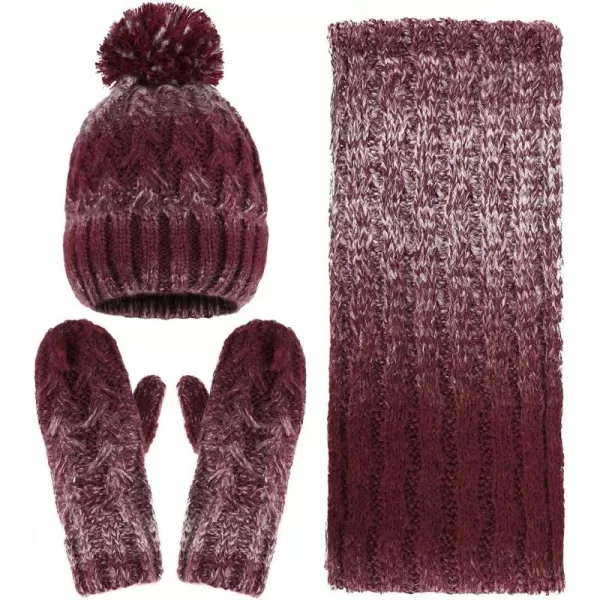 Verabella Women ampamp Mens 3 in 1 Winter Warm Knit Beanie Hat Scarf and Mittens SetBurgundyLight Grey