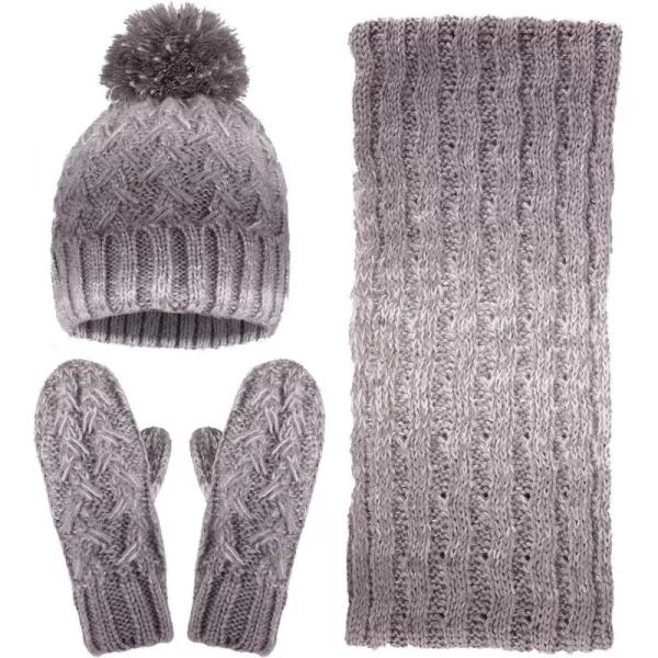 Verabella Women ampamp Mens 3 in 1 Winter Warm Knit Beanie Hat Scarf and Mittens SetCharcoalLight Grey