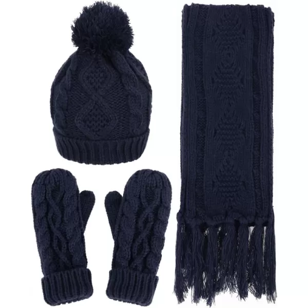 Verabella Women ampamp Mens 3 in 1 Winter Warm Knit Beanie Hat Scarf and Mittens SetNavy