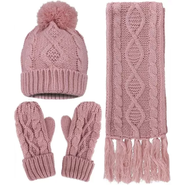 Verabella Women ampamp Mens 3 in 1 Winter Warm Knit Beanie Hat Scarf and Mittens SetPink