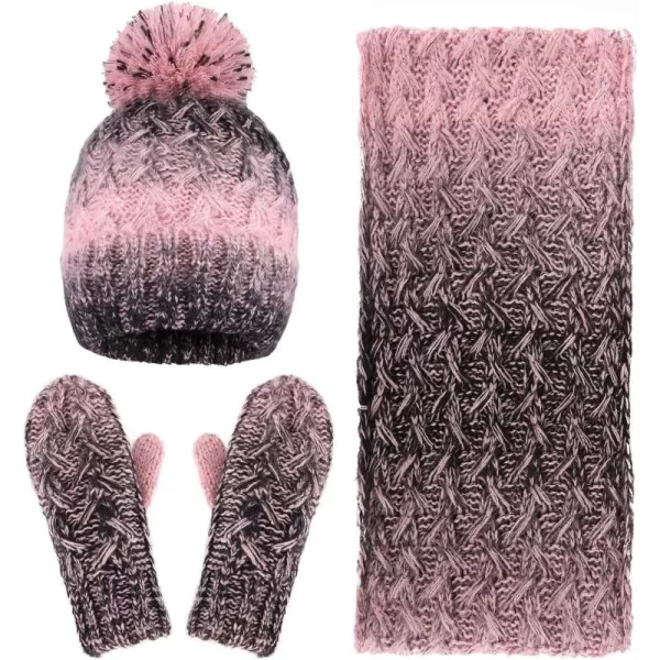 Verabella Women ampamp Mens 3 in 1 Winter Warm Knit Beanie Hat Scarf and Mittens SetPinkBlack