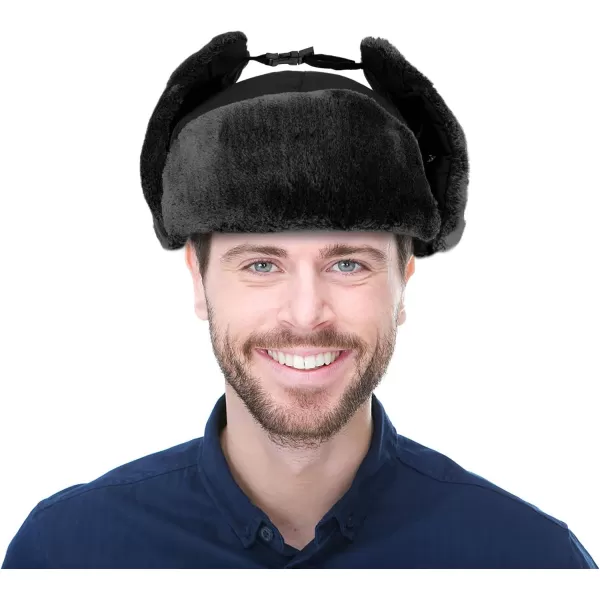 Winter Faux Fur Outdoor Trapper Cap Ushanka Russian Hats with Windproof FacemaskBlack