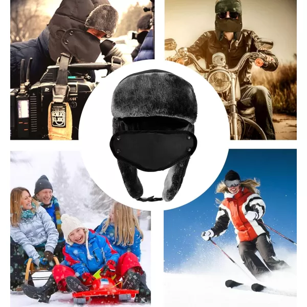 Winter Faux Fur Outdoor Trapper Cap Ushanka Russian Hats with Windproof FacemaskBlack