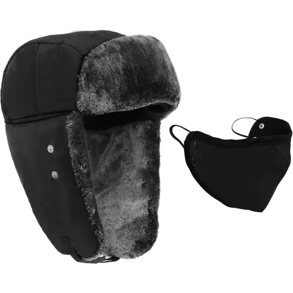 Winter Faux Fur Outdoor Trapper Cap Ushanka Russian Hats with Windproof FacemaskBlack