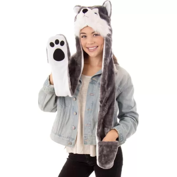 Animal Hood Hat Scarf and Mitten Gloves 3in1 Multifunction Furry HoodieGrey