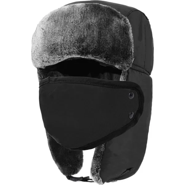 Winter Faux Fur Outdoor Trapper Cap Ushanka Russian Hats with Windproof FacemaskBlack