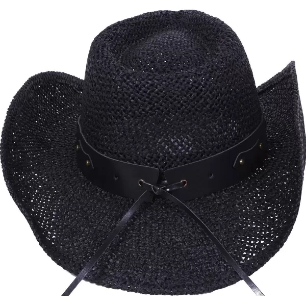 Verabella MenWomens Classic Western Cowboy Straw Hat wLeather BandBlack