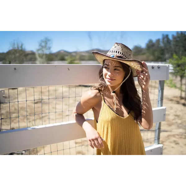 Verabella MenWomens Classic Western Cowboy Straw Hat wLeather BandBlue Bead
