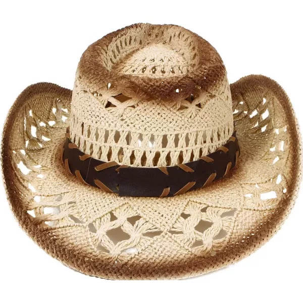 Verabella MenWomens Classic Western Cowboy Straw Hat wLeather BandBlue Bead