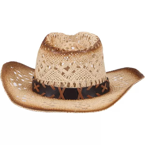 Verabella MenWomens Classic Western Cowboy Straw Hat wLeather BandNature