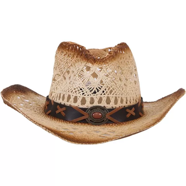 Verabella MenWomens Classic Western Cowboy Straw Hat wLeather BandNature