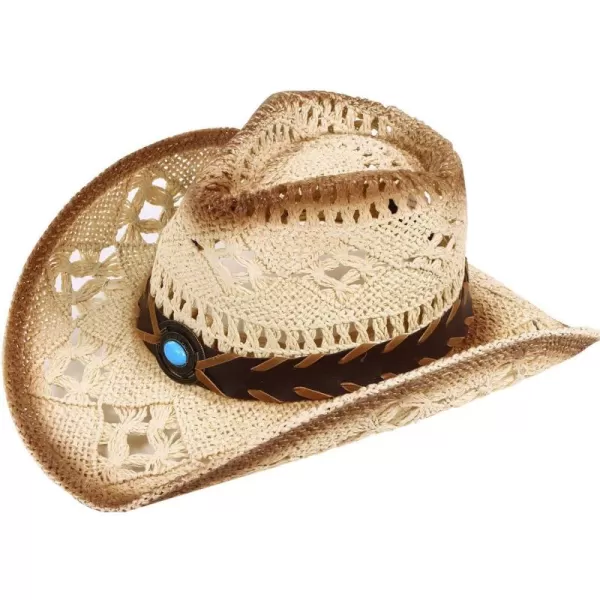 Verabella MenWomens Classic Western Cowboy Straw Hat wLeather BandBlue Bead