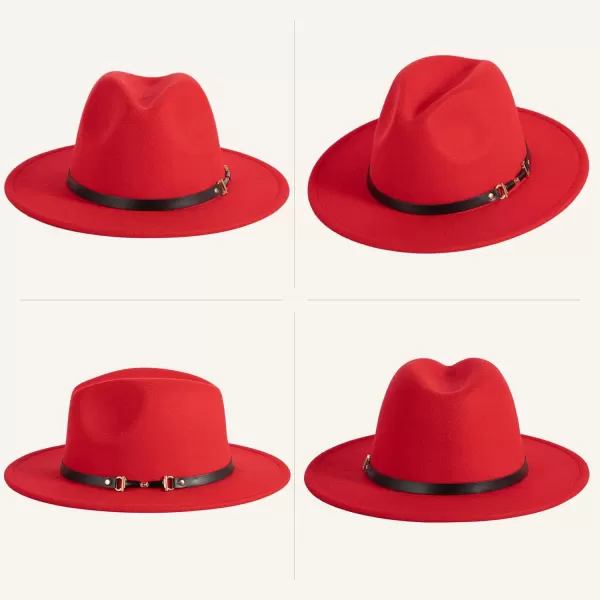 Verabella Fedora for Women Winter Classic Wool Fedora Panama Hat with Belt BuckleRed