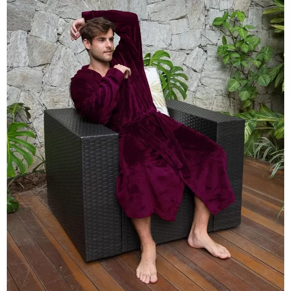 Verabella Women Mens Long Plush Fleece Robe with Hood Solid Color BathrobeWine