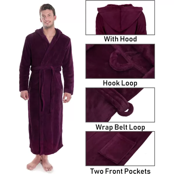 Verabella Women Mens Long Plush Fleece Robe with Hood Solid Color BathrobeWine