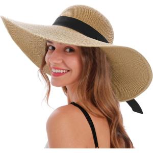 imageVerabella Sun Hats for Women UV Protection Wide Brim UPF 50 Foldable Floppy Straw Beach Hat with StrapKhaki