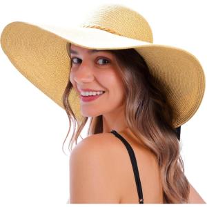 imageVerabella Sun Hats for Women UV Protection Wide Brim UPF 50 Foldable Floppy Straw Beach Hat with StrapMix Beigebraid Leather