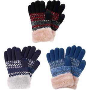 imageVerabella Kids Knit Gloves Boys 3 Pack Touchscreen Winter Knit Gloves wFur Cuff BlueTealBlack