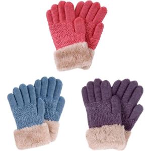 imageVerabella Kids Winter Gloves 3 Pack Girl Stretch Touchscreen Knit Gloves wFur Cuff PurpleRedBlue