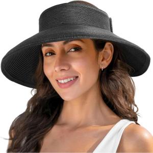 imageVerabella Sun Visors for Women UV Protection Wide Brim Ponytail Beach Hat Roll Up Packable Straw Visor HatBlack