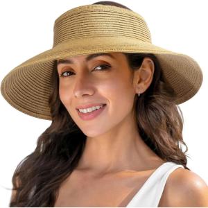 imageVerabella Sun Visors for Women UV Protection Wide Brim Ponytail Beach Hat Roll Up Packable Straw Visor HatNatural