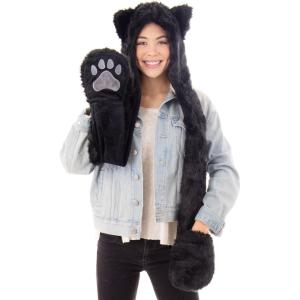 imageAnimal Hood Hat Scarf and Mitten Gloves 3in1 Multifunction Furry HoodieBlack Cat