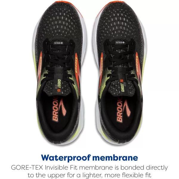 Brooks Mens Ghost 16 GTX Waterproof Neutral Running ShoeBlackMandarin RedGreen