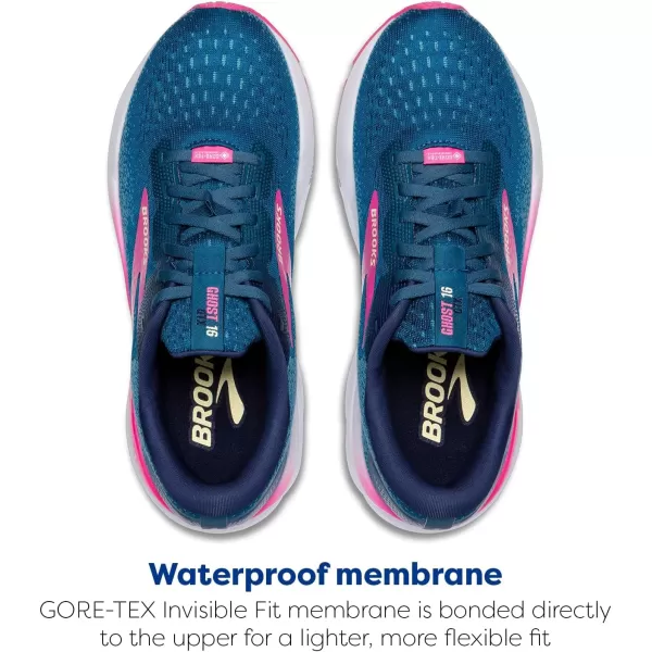 Brooks Womens Ghost 16 GTX Waterproof Neutral Running ShoeMoroccan BluePinkYellow