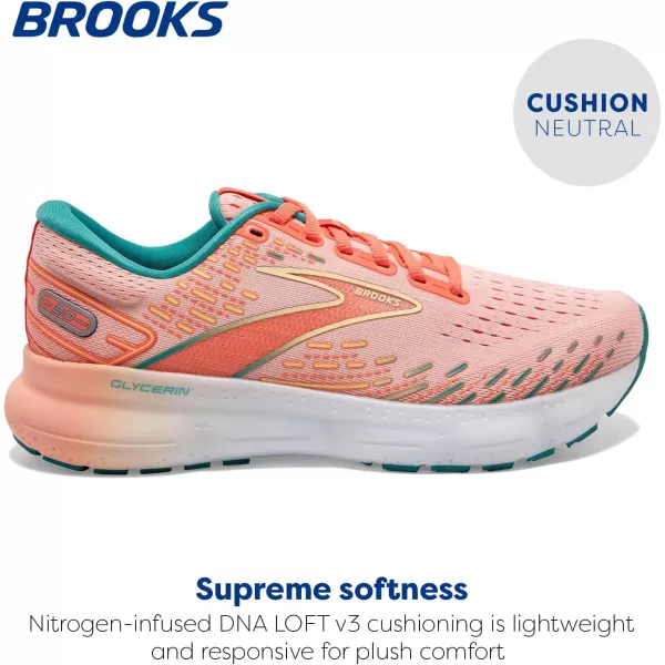 Brooks Womens Glycerin 20 Neutral Running ShoeTropical PeachFusion CoralLatigo Bay