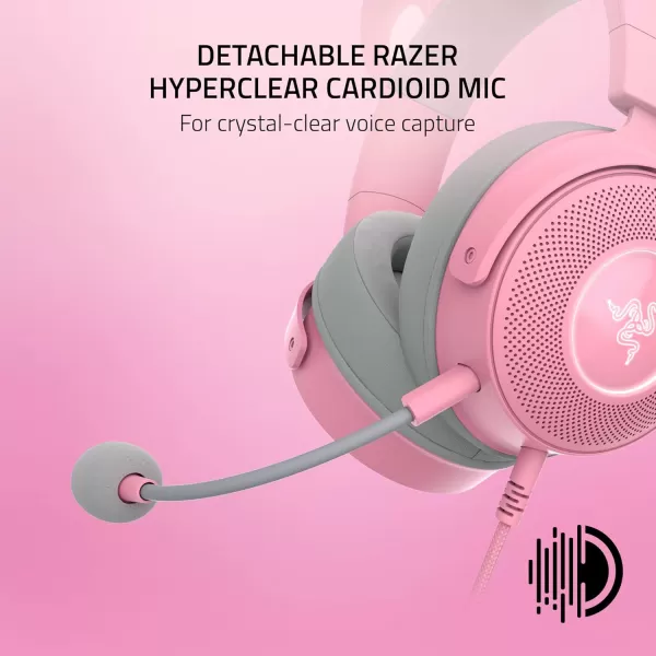Razer Kraken Kitty V2 Pro Wired RGB Headset Interchangeable Ears Kitty Bear Bunny  Stream Reactive Lighting  Detachable HyperClear Cardioid Mic  50mm Drivers  71 Surround Sound  BlackQuartz Pink