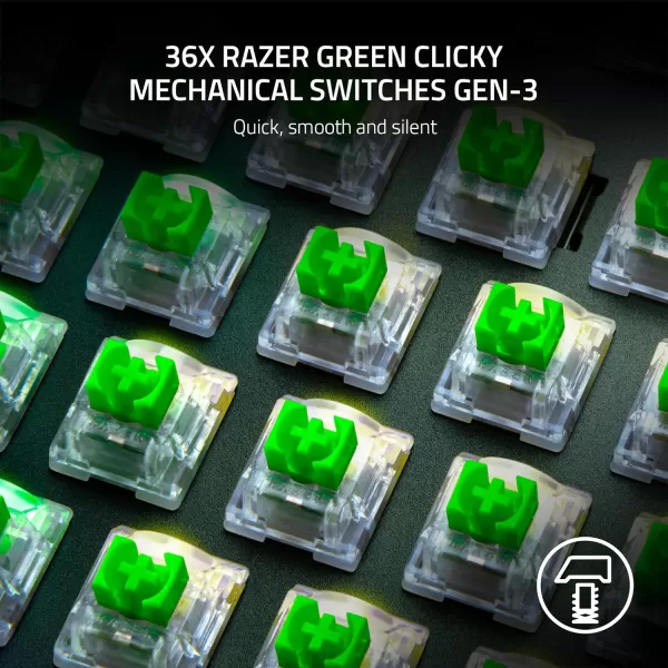 Razer Mechanical Switches Replacement Pack for Gaming Keyboard Gen3 Green Clicky Switches  19mm Actuation Point at 50g  Transparent Housing  3 Pin  BoxStyle Cross Stem  36 pcsGreen Switches  Clicky Tactile