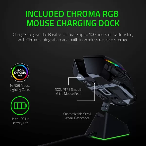 Razer Basilisk Ultimate Wireless Gaming Mouse 20K DPI Optical Sensor  11 Programmable Buttons  100Hr Battery  Classic BlackMouse  Dock