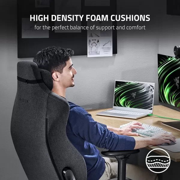 Razer Iskur XL Gaming Chair Ergonomic Lumbar Support System  MultiLayered Synthetic Leather Foam Cushions  Engineered to Carry  Memory Foam Head Cushion  BlackGreenGrey Fabric