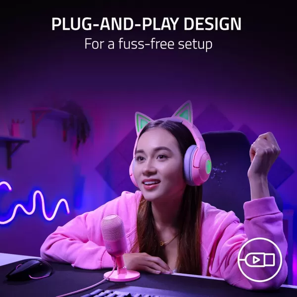 Razer Seiren V3 Mini USB Microphone Condenser Mic  Supercardioid Pickup Pattern  TaptoMute Sensor with LED Indicator  Shock Absorber  Ultra Compact  PC Discord OBS Studio XSplit  WhiteQuartz Pink