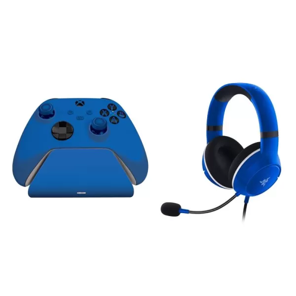 Razer Universal Quick Charging Stand  Kaira X Wired Headset Bundle for Xbox Series XS Xbox One Perfectly Matches Xbox Wireless Controllers  Shock Blue Controller Sold Separately