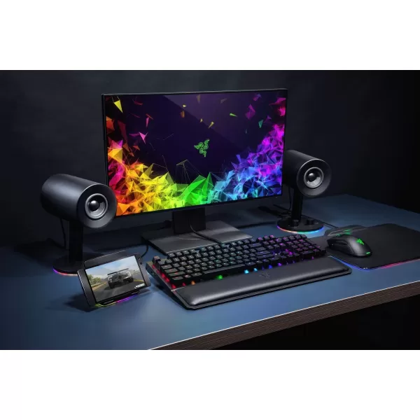 Razer Nommo Chroma Custom Woven 3quot Glass Fiber Drivers  RearFacing Bass Ports  Bass Knob wAutomatic Gain Control Chroma Enabled  Full Range 20 PC Gaming Speakers BlackNommo Chroma