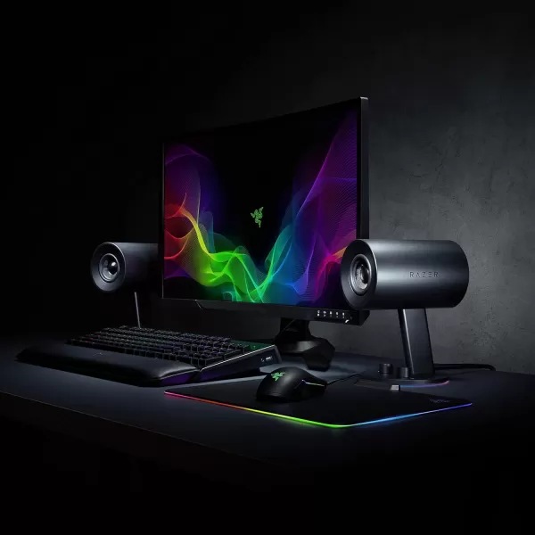Razer Nommo Chroma Custom Woven 3quot Glass Fiber Drivers  RearFacing Bass Ports  Bass Knob wAutomatic Gain Control Chroma Enabled  Full Range 20 PC Gaming Speakers BlackNommo Chroma