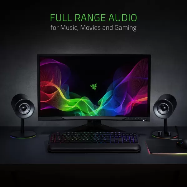 Razer Nommo Chroma Custom Woven 3quot Glass Fiber Drivers  RearFacing Bass Ports  Bass Knob wAutomatic Gain Control Chroma Enabled  Full Range 20 PC Gaming Speakers BlackNommo Chroma