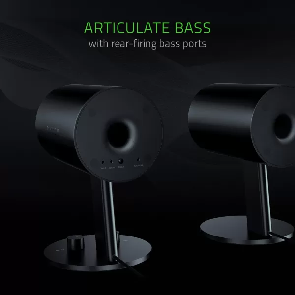 Razer Nommo Chroma Custom Woven 3quot Glass Fiber Drivers  RearFacing Bass Ports  Bass Knob wAutomatic Gain Control Chroma Enabled  Full Range 20 PC Gaming Speakers BlackNommo
