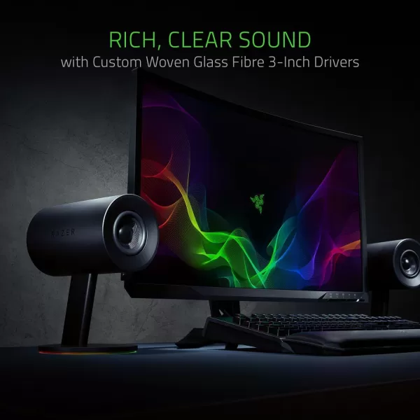 Razer Nommo Chroma Custom Woven 3quot Glass Fiber Drivers  RearFacing Bass Ports  Bass Knob wAutomatic Gain Control Chroma Enabled  Full Range 20 PC Gaming Speakers BlackNommo Chroma