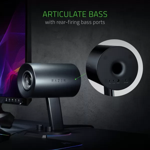 Razer Nommo Chroma Custom Woven 3quot Glass Fiber Drivers  RearFacing Bass Ports  Bass Knob wAutomatic Gain Control Chroma Enabled  Full Range 20 PC Gaming Speakers BlackNommo Chroma