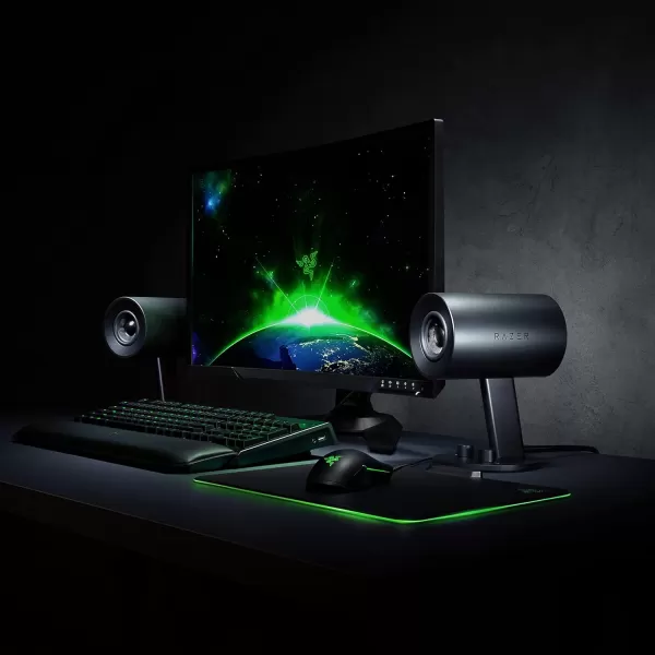 Razer Nommo Chroma Custom Woven 3quot Glass Fiber Drivers  RearFacing Bass Ports  Bass Knob wAutomatic Gain Control Chroma Enabled  Full Range 20 PC Gaming Speakers BlackNommo